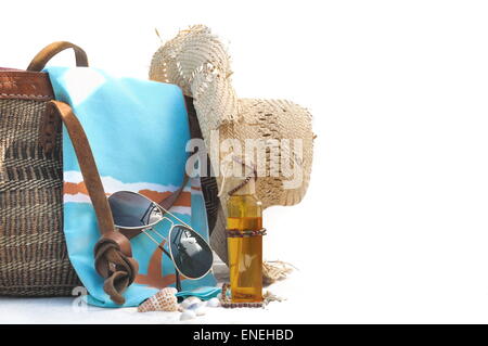 beach bag and accessories on white background  with shells Stock Photo