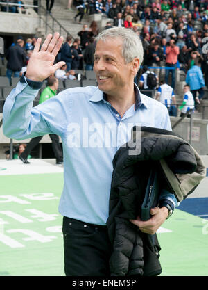 Berlin, Germany. 03rd May, 2015. Head coach Lucien Favre of Borussia Moenchengladbach reacts during the German Bundesliga soccer match Hertha BSC and Borussia Moenchengladbach at Olympic stadium in Berlin, Germany, 03 May 2015. Photo: Oliver Mehlis/dpa/Alamy Live News Stock Photo