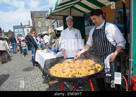 Aberystwyth Wales UK, Monday 04 May 2015  A street market in Aberystwyth as the town celebrates being officially crowned a “Great Town” at the prestigious Academy of Urbanism 2015 Awards.   Aberystwyth picked up the Great Town award for its leading work in promoting its location, economy and community.    Credit:  keith morris/Alamy Live News Stock Photo