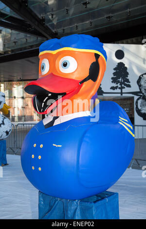 Liverpool, Merseyside, 4rd May, 2015.  City Centre River Festival Project. A team of artists is decorating a host of giant ducks in public view at Mann Island Development.The Liverpool Duck Trail, commissioned by AquaDucked, is to be launched on LightNight to showcase the vibrant creativity alive in Liverpool. Stock Photo