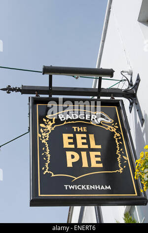 hanging pub sign for the eel pie, twickenham, middlesex, england Stock Photo