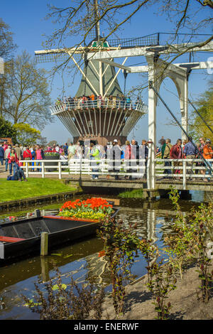 Tourists enjoy the flowers and windmill at the spring flower garden Keukenhof in Lisse Stock Photo
