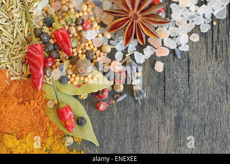 Herbs and spices on old table wood Stock Photo