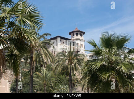 Old tower in Santa Catalina above lush palm vegetation on the Paseo Maritimo Stock Photo