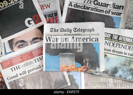 British newspapers following the terrorist attacks on the United States on 11th September 2001.