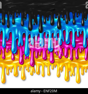 CMYK paint concept as wet pouring pigment with black cyan magenta and yellow liquid colors spilling and flowing down as a creative expression for print or the printing industry. Stock Photo