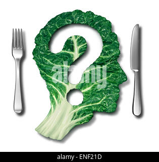 Healthy eating questions and green diet concept as a leafy vegetable in the shape of a question mark as a symbol of good high fiber health food eating and information on natural nutrition in a dinner place setting on white. Stock Photo