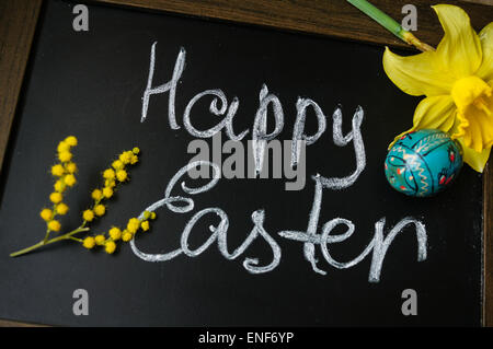 Easter time, spring flowers, easter eggs and  easter bunny Stock Photo