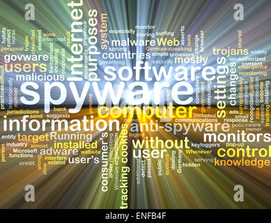 Background text pattern concept wordcloud illustration of spyware software glowing light Stock Photo