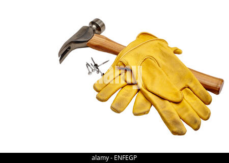 Hammer, nails and leather work gloves isolated on white Stock Photo