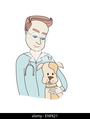Dog and veterinarian - doodle illustration. Stock Vector