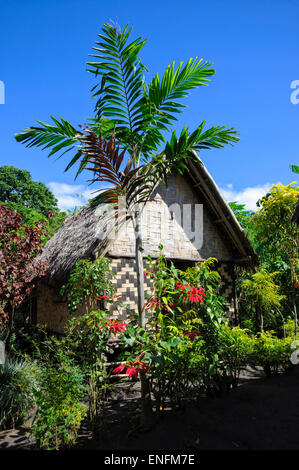 Traditional rustic house on a South Pacific island. Woven palm front walls. Hut madefromwoven palm fronds,Tanna,Vanuatu. Stock Photo