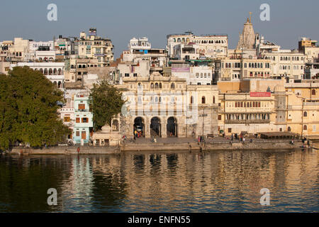 Gate Gangaur Ghat on Lake Pichola with historic centre, Udaipur, Rajasthan, India Stock Photo