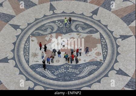 Compass rose with world map in the pavement in front of the Padrao dos Descobrimentos, Monument to the Discoveries, Belem Stock Photo