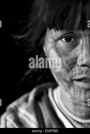 Tribal Chin Woman From Muun Tribe With Tattoo On The Face, Mindat, Myanmar Stock Photo