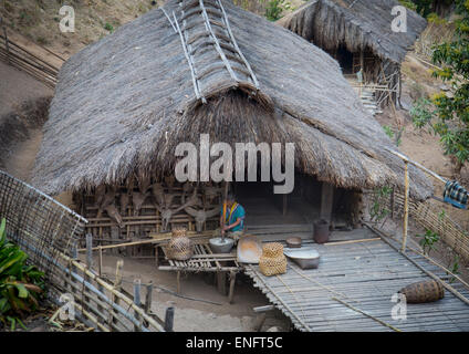 Tribal Chin Woman From Muun Tribe House, Mindat, Myanmar Stock Photo