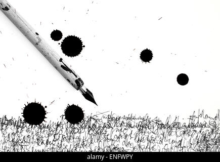 Antique pen on scratched and ink spot Stock Photo
