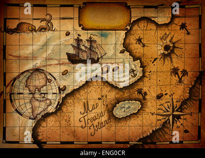 Old torn treasure map with compass and spyglass. Adventure and travel ...