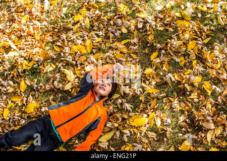 High angle view of mixed race boy laying in autumn leaves Stock Photo