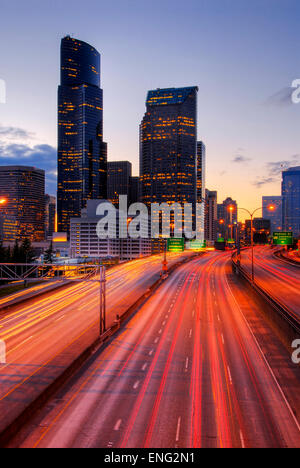 Long exposure view of traffic driving on urban highway, Seattle, Washington, United States