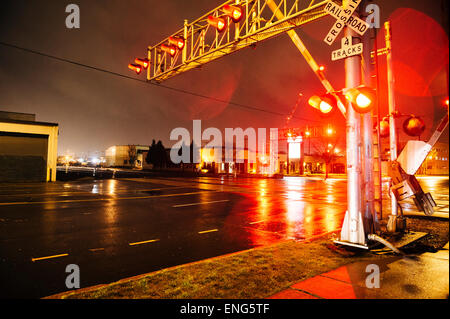 Illuminated traffic lights on railroad crossing at night Stock Photo
