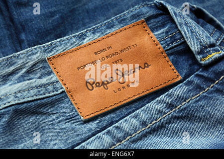 LOS ANGELES, CA, USA - JANUARY 10, 2015. Part of Jeans by Pepe Jeans London, back patch close-up Stock Photo