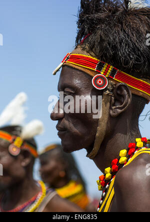 Turkana Tribesman With Headwear Made Of Ostrich Black Feathers, Turkana Lake, Loiyangalani, Kenya Stock Photo