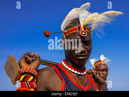 Turkana Tribesman Holding His Wood Pillow, Turkana Lake, Loiyangalani, Kenya Stock Photo