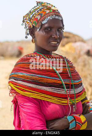 Rendille Tribeswoman Wearing Traditional Headdress And Jewellery, Marsabit District, Ngurunit, Kenya Stock Photo