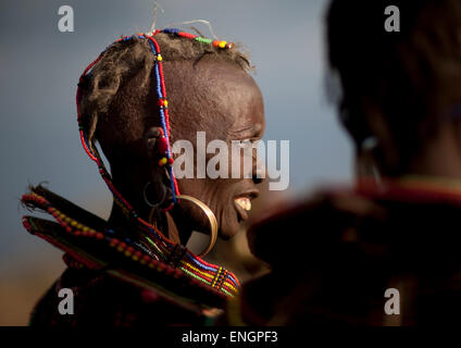 A Pokot Woman Wears Large Necklaces Made From The Stems Of Sedge Grass, Baringo County, Baringo, Kenya Stock Photo