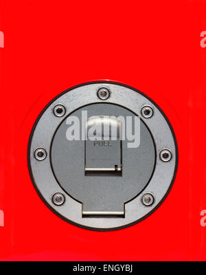 Top view of fuel cap of motorcycle in red gas tank Stock Photo