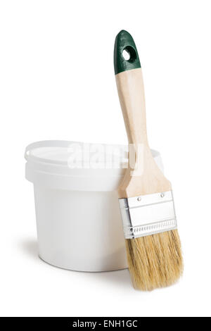 White paint can and paint brush isolated on the white background Stock Photo