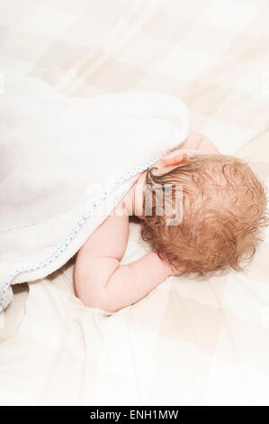 Curly haired Caucasian toddler boy asleep on bed with wet hair after a bath Stock Photo