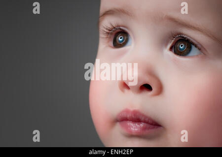 Close up portrait of a cute Caucasian baby boy with big brown eyes against a grey background Stock Photo