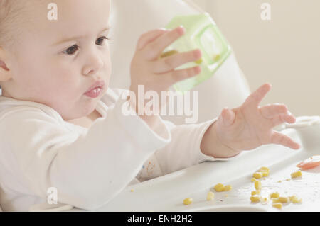 Caucasian one year old baby boy eating sweetcorn in a white highchair Stock Photo