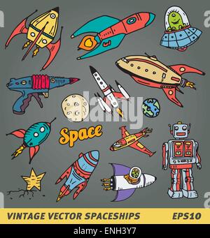 Hand drawn space items like spaceship, ufo robot and lasergun Stock Vector