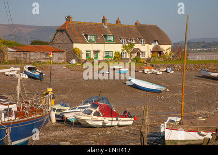 17th Century Gibraltar cottages overlooking the harbour at Porlock Weir in Somerset Stock Photo