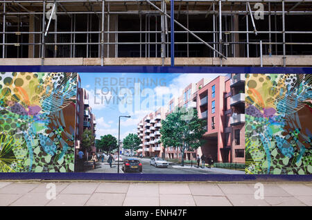 CGI of a new housing development on panel boards surrounding the construction site, London, England, UK Stock Photo