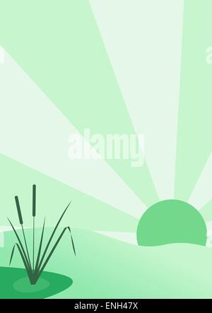 Reeds at the lake at sunset, in shades of green, vector Stock Vector