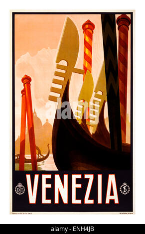 1920's evocative vintage travel poster for Venice Lido and Gondolas Italy Stock Photo