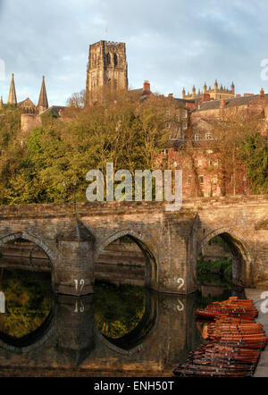 Elvet Bridge Durham City over the River Wear with Durham Cathedral in the background Stock Photo