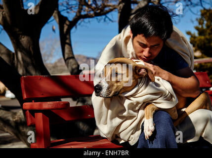 Man sleeping on bench wrapped in blanket holding a dog Stock Photo