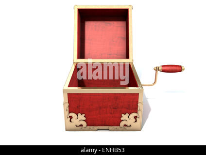 An ornate antique open jack-in-the-box mad of red wood and gold trimmings on an isolated white studio background Stock Photo