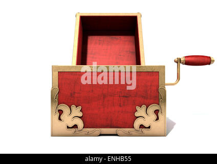 An ornate antique open jack-in-the-box mad of red wood and gold trimmings on an isolated white studio background Stock Photo