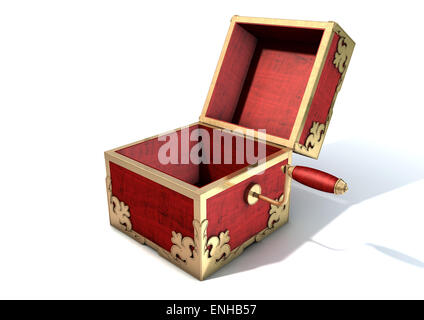 An ornate antique open jack-in-the-box mad of red wood and gold trimmings on an isolated white studio background Stock Photo