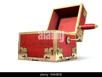 An ornate antique open jack-in-the-box mad of red wood and gold trimmings on an isolated white studio background Stock Photo