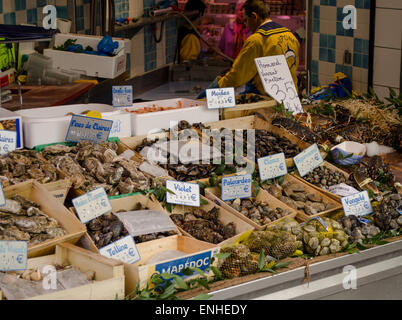 Seafood and fish at French market, Paris Stock Photo