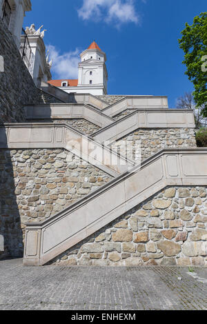 Stairs to renovated Bratislava castle front yard on sunny day in Bratislava, Slovakia Stock Photo