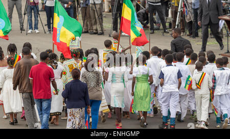 Addis Ababa, Ethiopia. 5th May, 2015. Young children dressed in colourful traditional outfit perform in front of the Ethiopian President at the 74th anniversary of Patriots' Victory day commemorating the defeat of the invading Italians on May 5, 2015 in Addis Ababa, Ethiopia. Credit:  Dereje Belachew/Alamy Live News Stock Photo