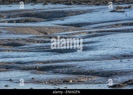 Channels in the mudflats of Plymouth harbour (at Millbrook) - reflecting blue sky. Stock Photo